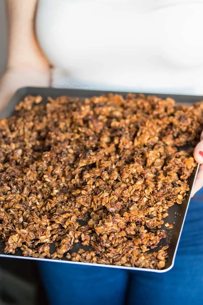 Almond butter granola on a tray