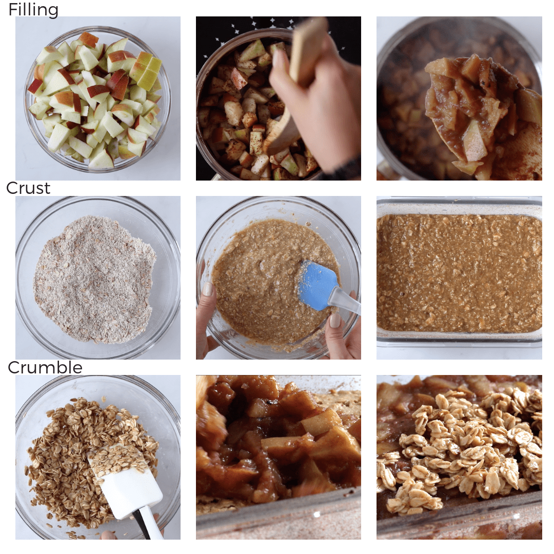 nine photos of the step-by-step to prepare a healthy apple crumble