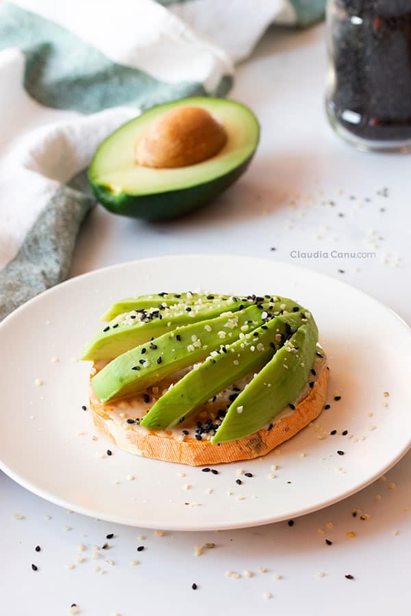 A plate with sweet potato toast with avocado