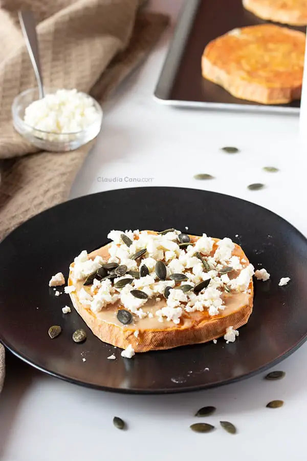 A plate with sweet potato toast with cheese