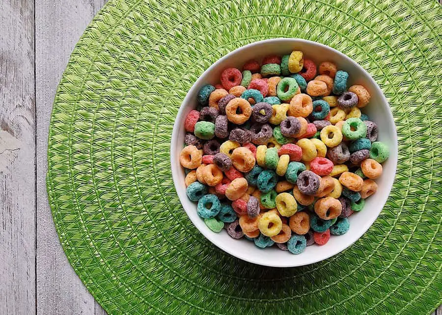 Colorful breakfast cereals as unhealthy foods example