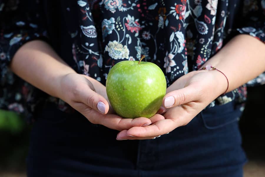 Two hands holding a green apple