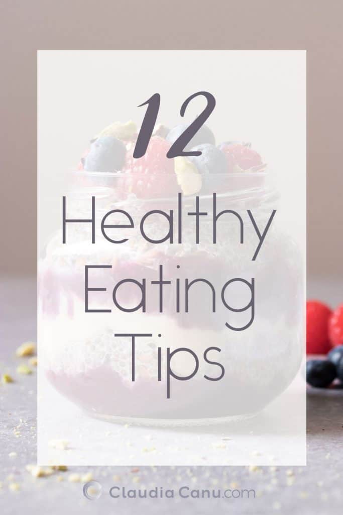 An image of a chia pudding with the sentence "Healthy eating tips!