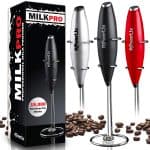 Three milk frothers, grey, red and black