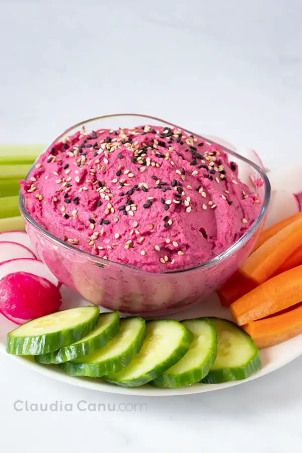 Beetroot And Chickpea Hummus served with raw veggies