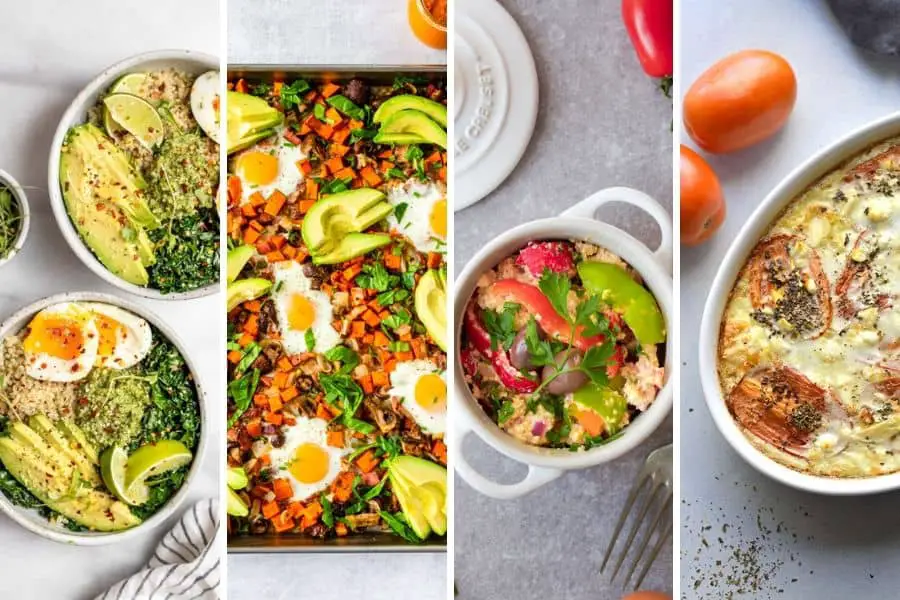 4 images of breakfast recipes with eggs