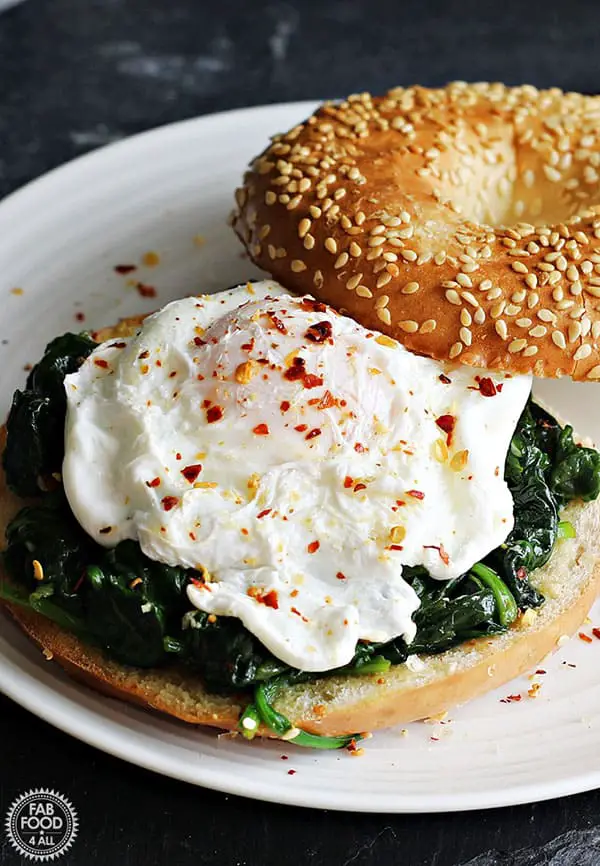 Poached Egg Garlic Spinach Bagel